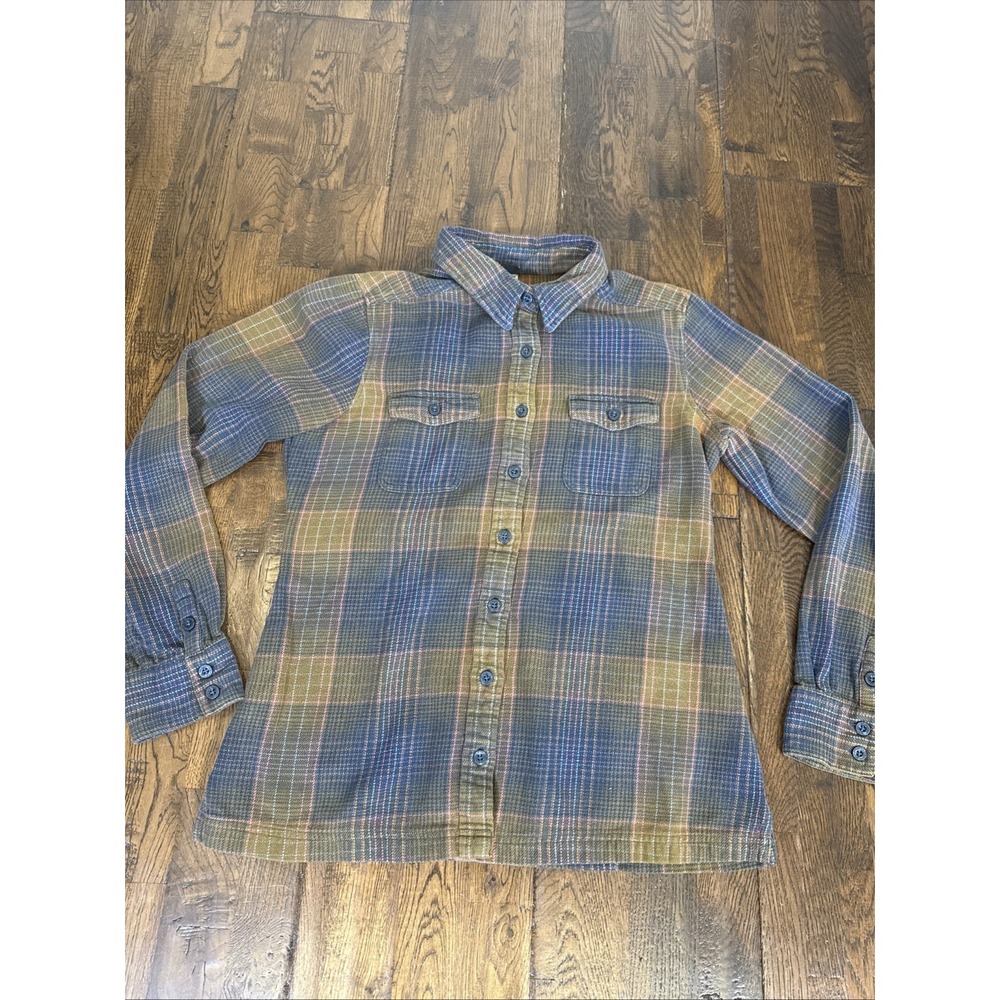 Patagonia Organic Cotton Flannel Plaid Shirt Women's Size 6 Brown Blue Pink EUC